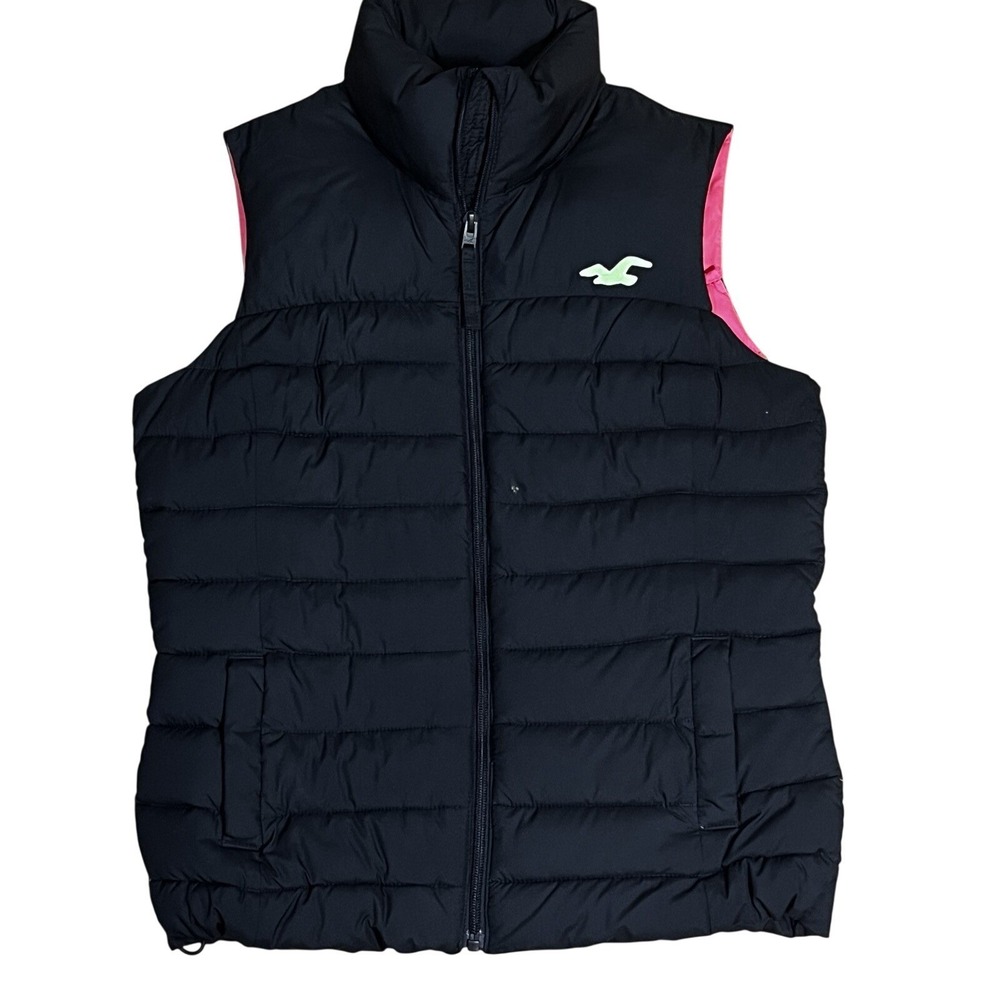 Hollister Black Puffer Vest Hot Pink Lining Juniors Size S Full Zip Outdoor
